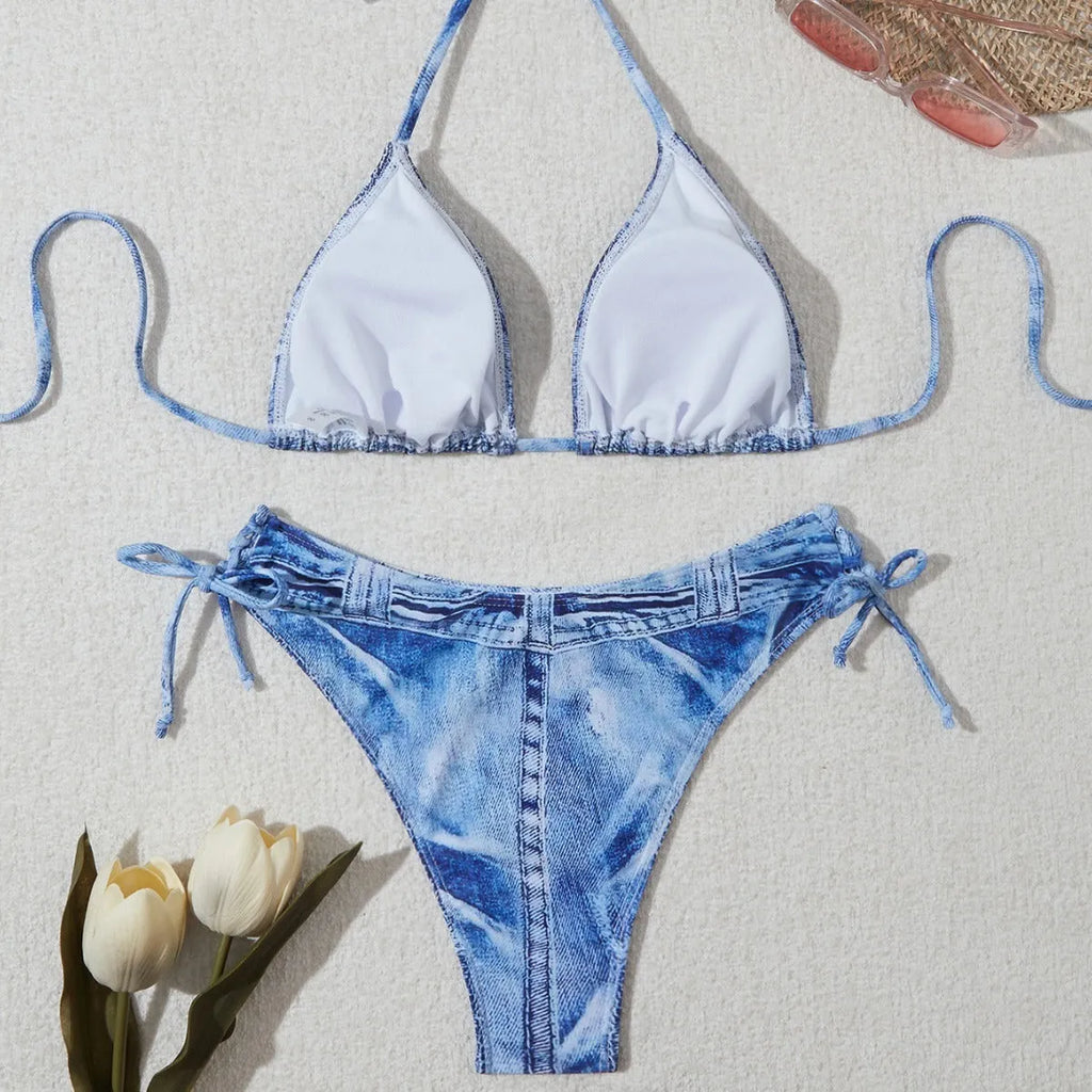 Women's denim blue printed bikini set with adjustable straps, front view