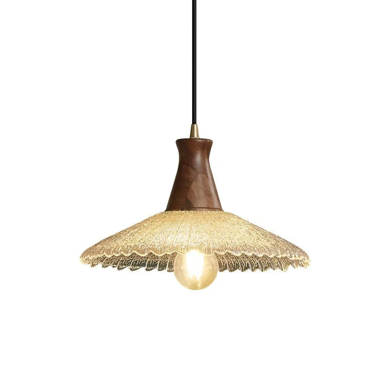 Retro wood and glass chandelier with brass finish in three size options