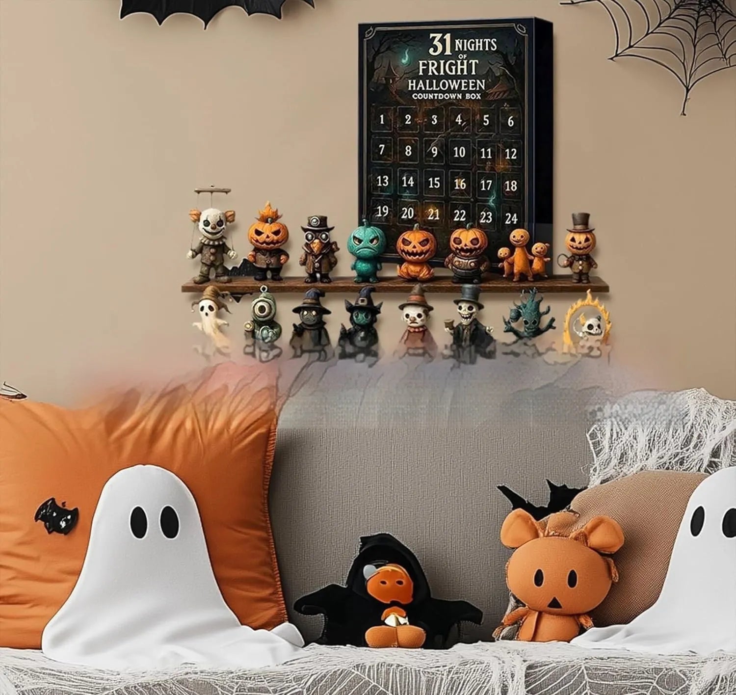 Halloween countdown advent calendar box with numbered doors containing horror-themed resin miniatures