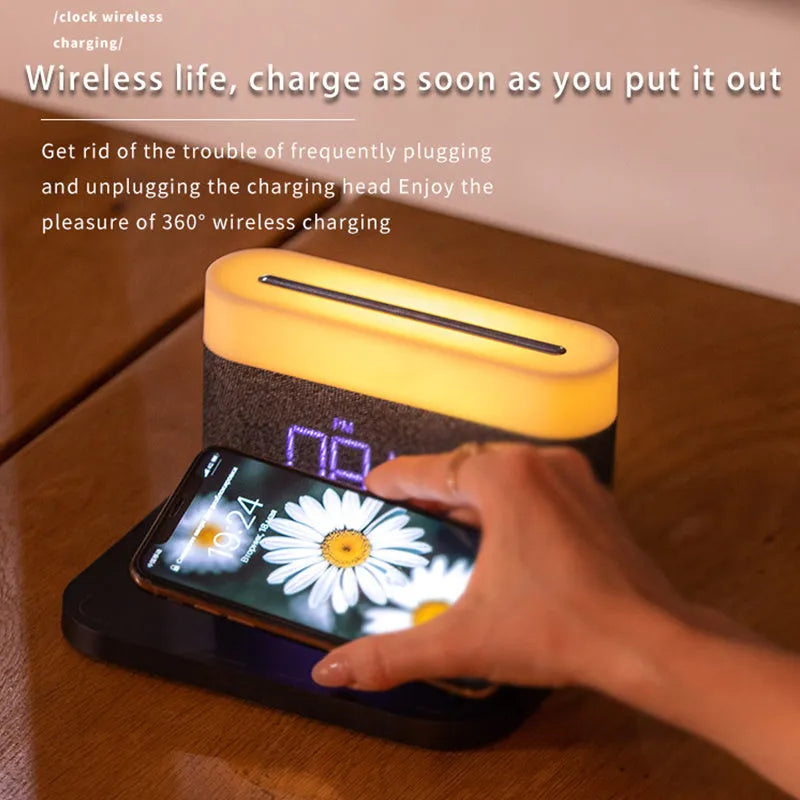 Wireless charger desktop clock night light table lamp in modern design with ABS construction and glass liner