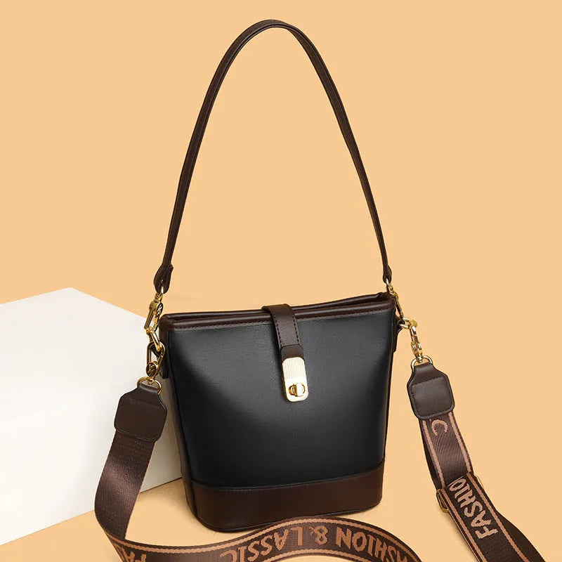 Korean style soft PU bucket bag with adjustable straps and internal organiser compartments