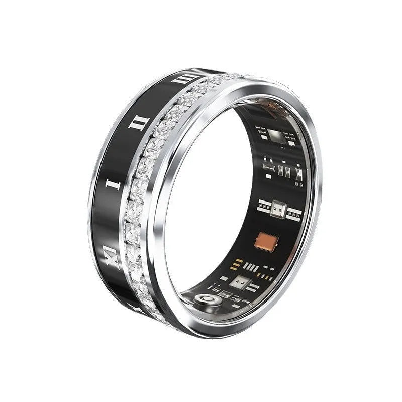Diamond-inlaid smart ring in gold and silver colours showing health monitoring technology