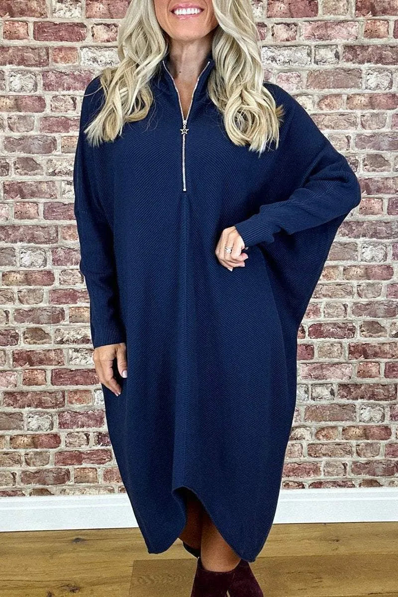 Women's solid colour knitted dress with raglan sleeves and zipper detail