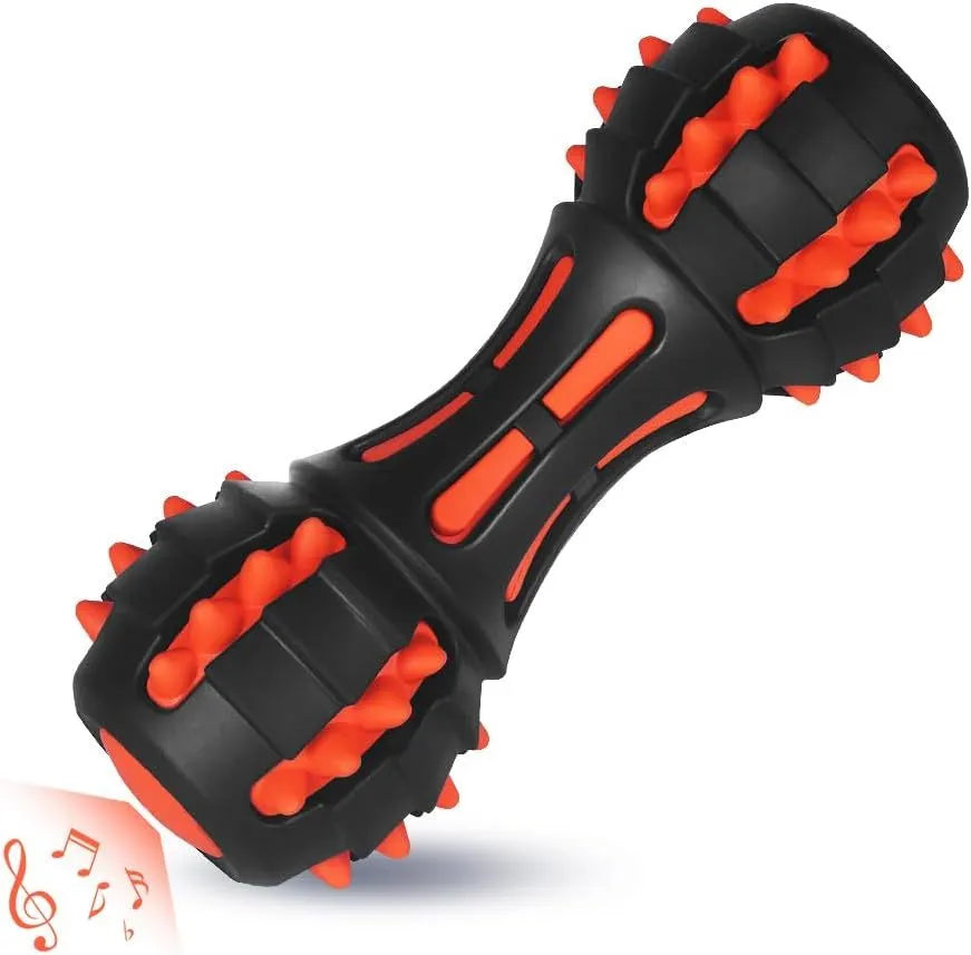Red dumbbell-shaped dog chew toy with natural rubber construction and squeaker for medium large breeds