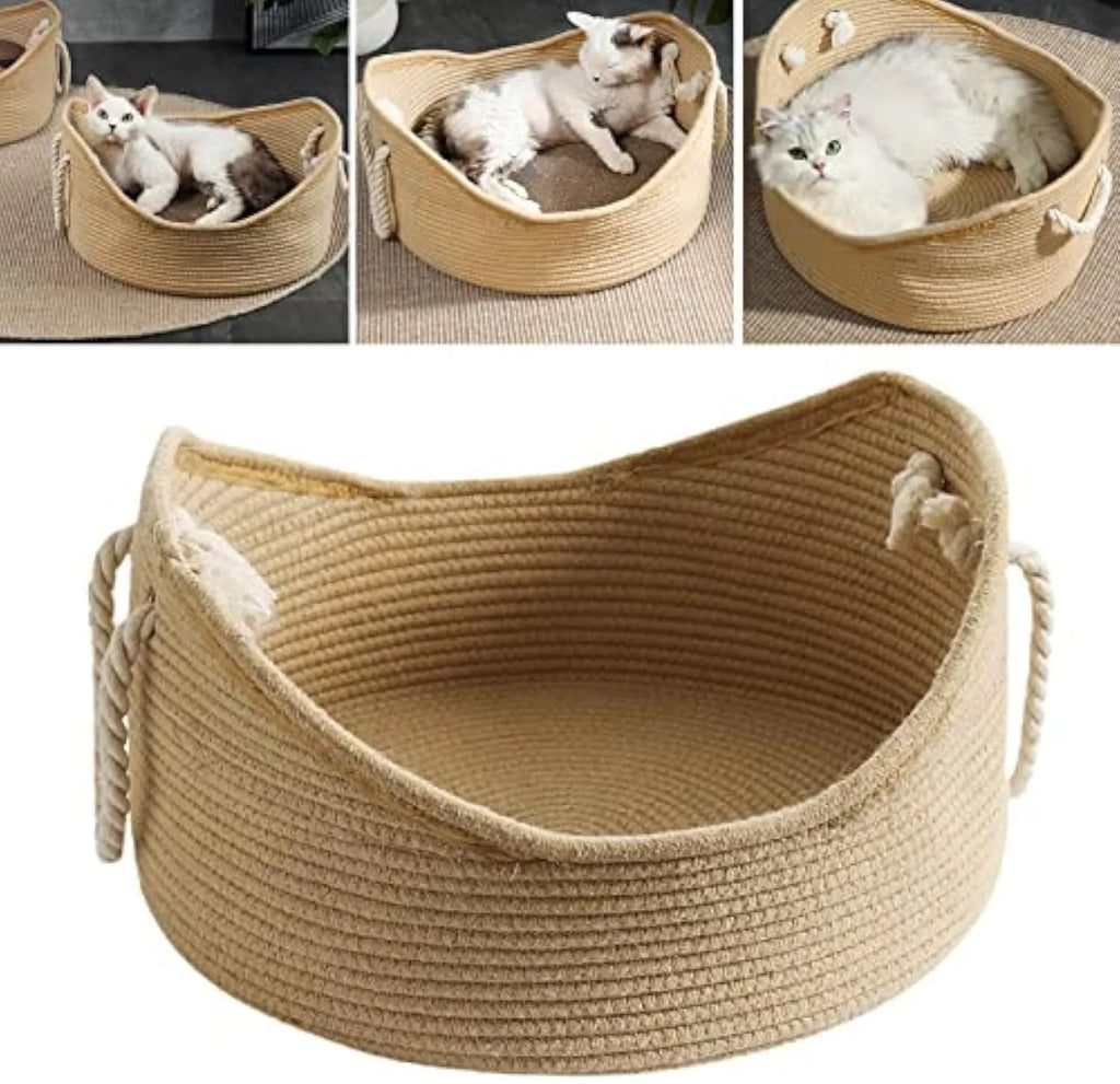 A rectangular wicker cat bed basket with a corrugated cardboard scratching surface on its side.