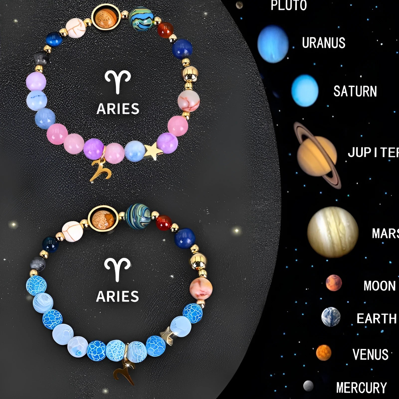 Two natural stone beaded bracelets with Chinese zodiac charms on elastic cord