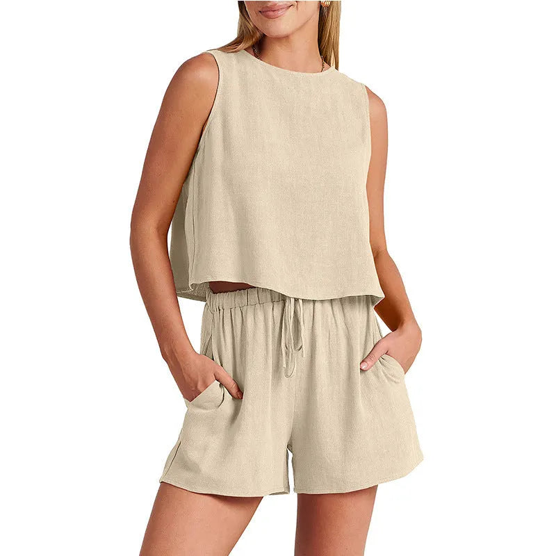 Women's summer two-piece set with sleeveless top and drawstring shorts in five colour options