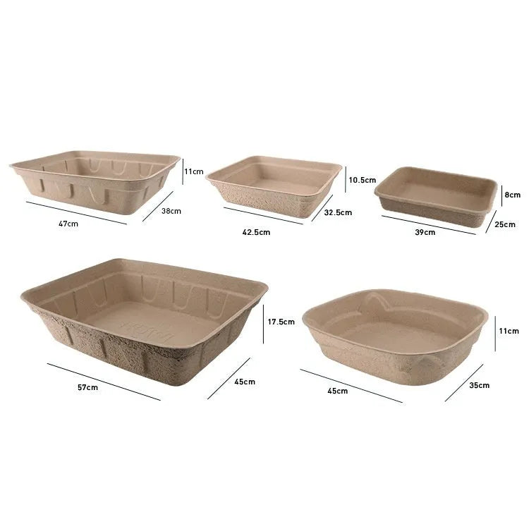 Brown disposable waterproof cat litter box with biodegradable materials shown in three size variations
