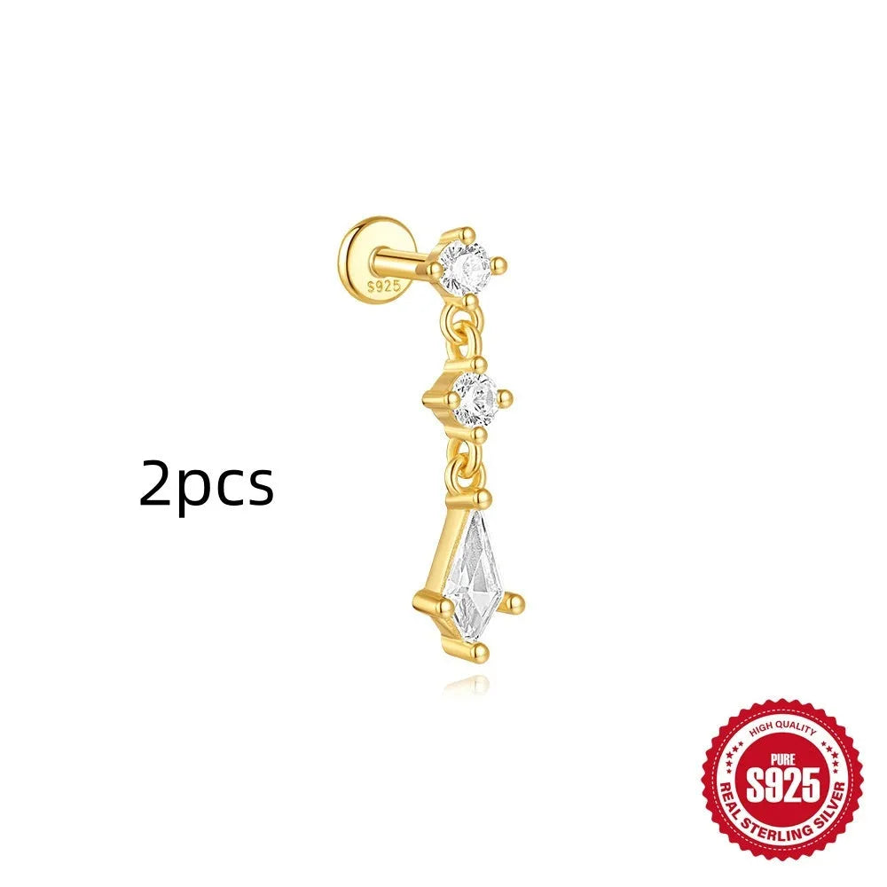 S925 sterling silver geometric kite earring with rhinestone chain tassel in gold colour.