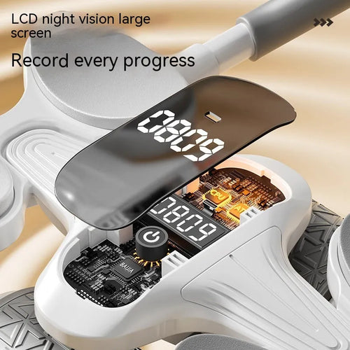 White belly roller fitness equipment with LED screen displaying timing and calorie count