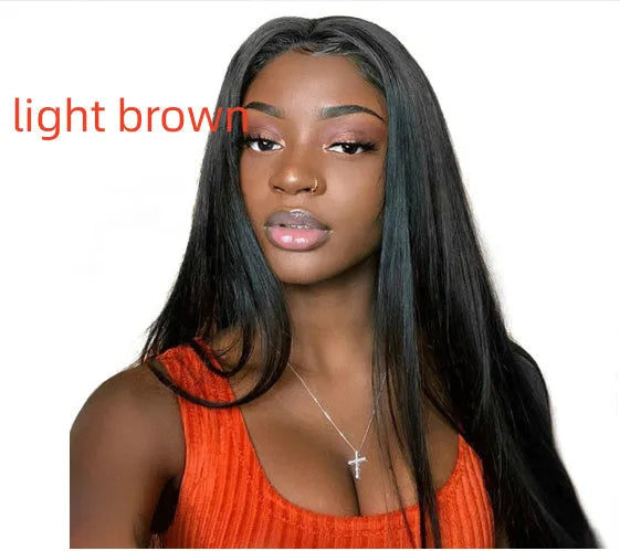 Long straight black women's wig with centre-parted bangs in European American style