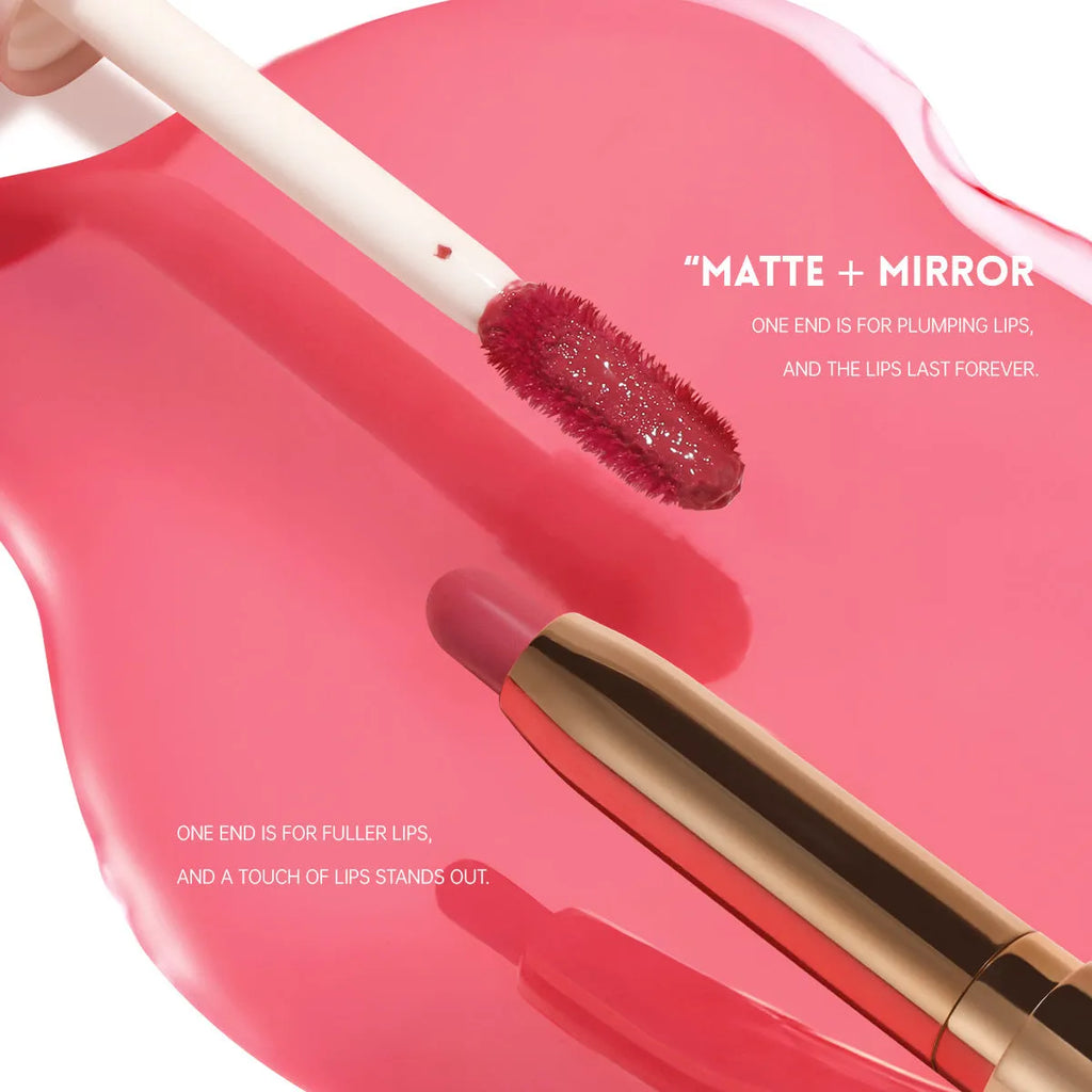 Double-headed lipstick and lip gloss product showing matte and glossy ends in one of ten available colours