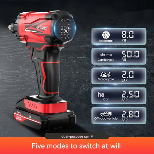 Red and black portable car tyre inflator with digital display, battery, and accessory nozzles on a grey background.