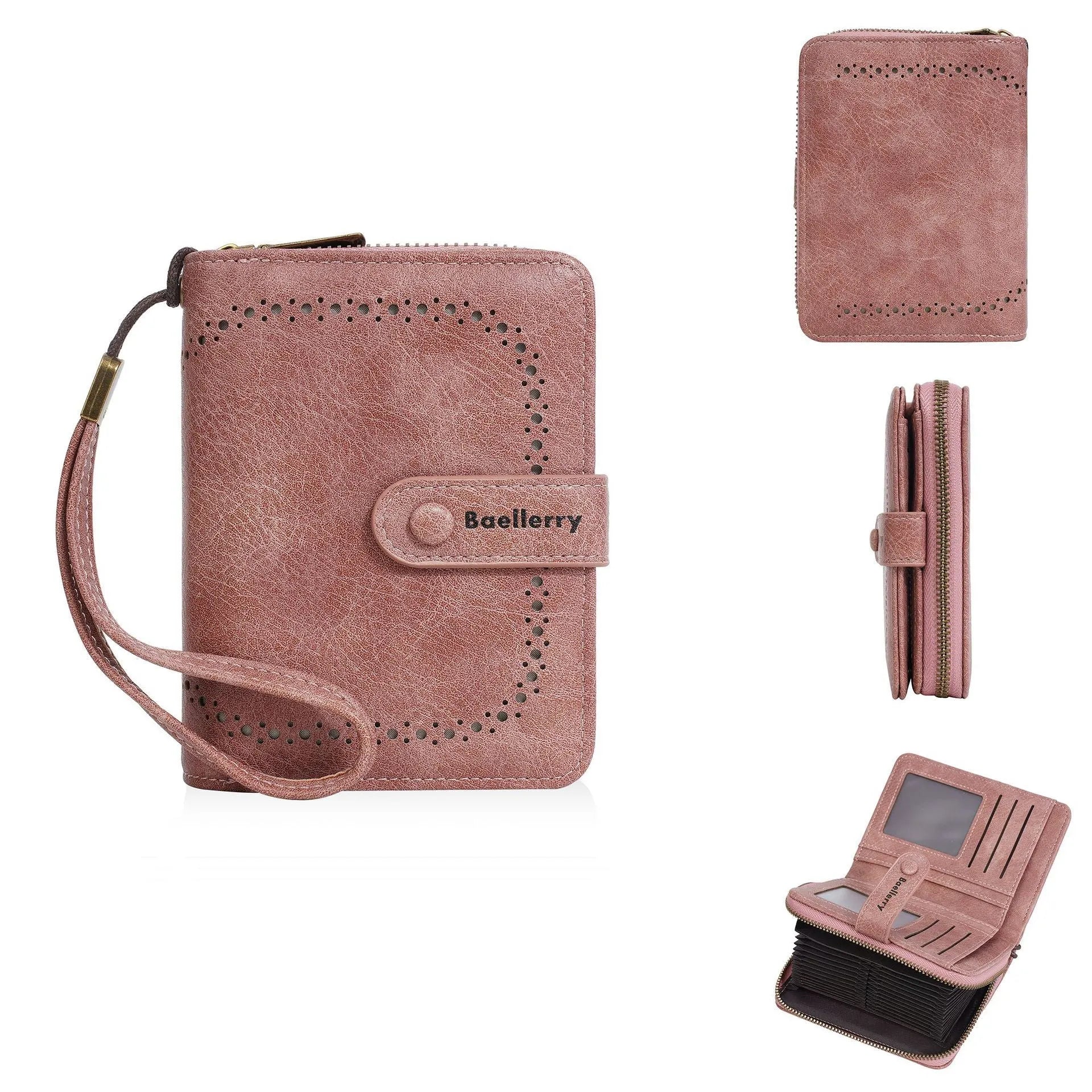 Women's black PU leather coin purse with zipper closure showing integrated wallet and card holder functions