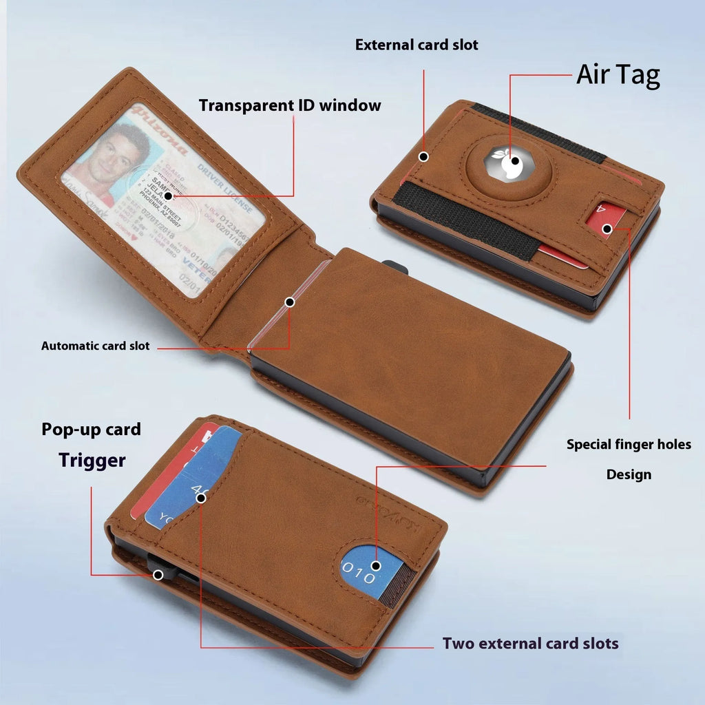 Men's slim RFID blocking card holder in synthetic leather showing black, dark brown, and light brown colour options