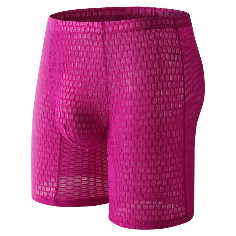 Men's lace boxer underwear in light purple on a grey background, showing the lengthened hip lift design.