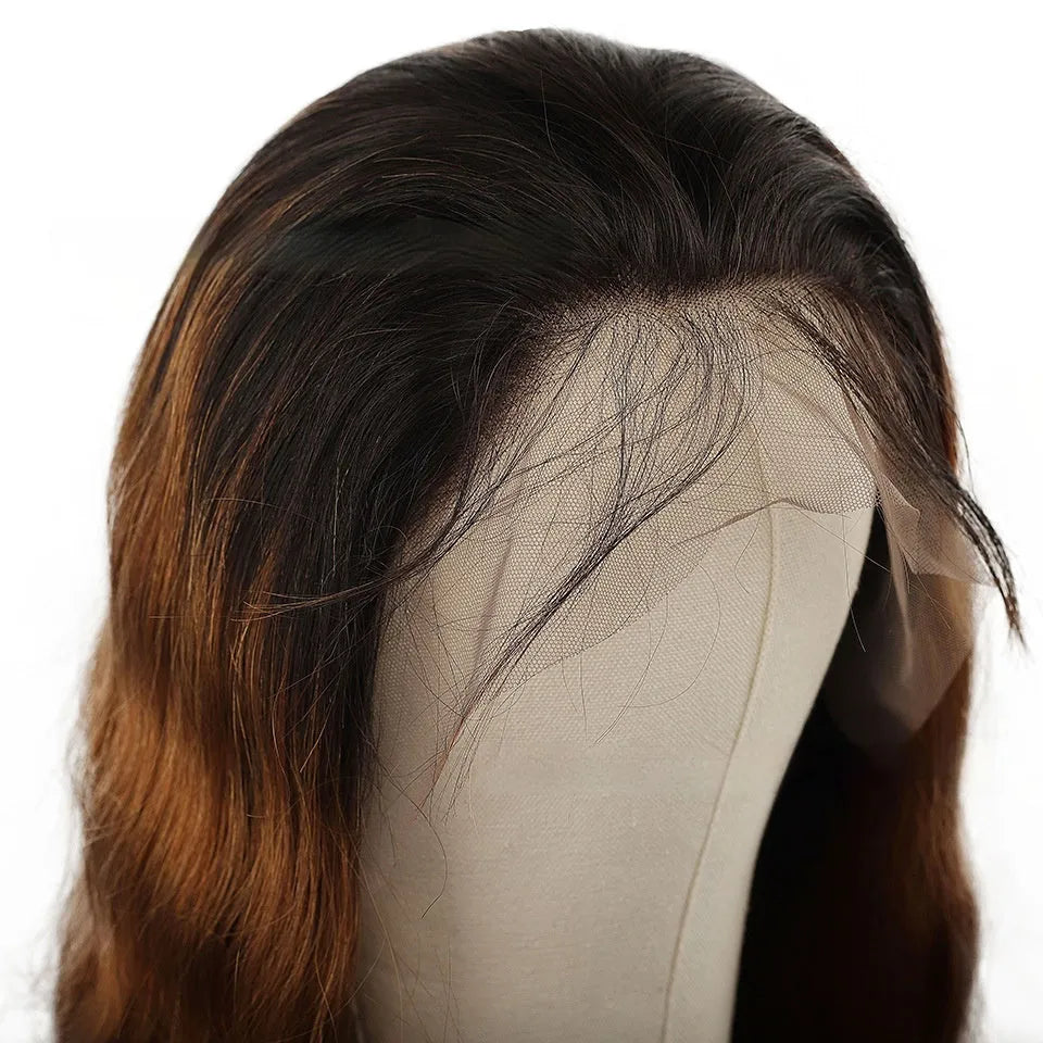 Real human hair Ruili style gradient wig on a stand, showcasing lace front cap construction.