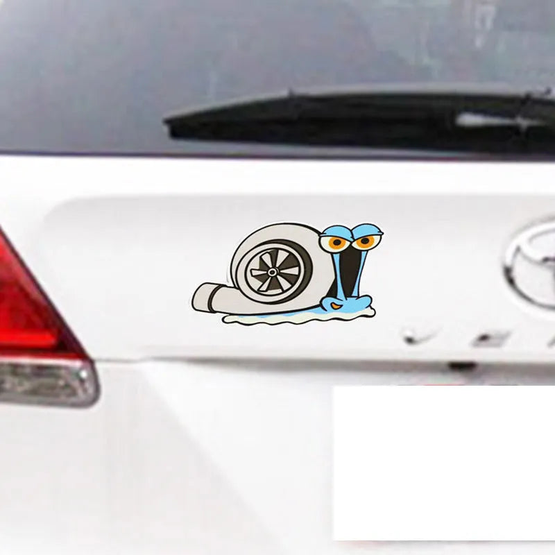 Colourful reflective snail cartoon sticker for car bumper, size 12cm by 8cm.