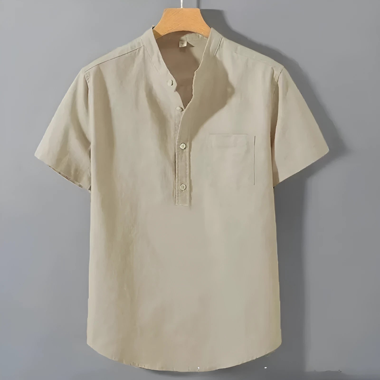 Men's casual linen shirt with stand collar and short sleeves in slub cotton fabric, loose fit