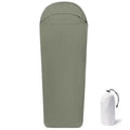 Blue and green mummy-style nylon camping sleeping bag for adults, shown packed and unpacked.