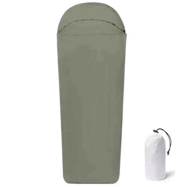 Blue and green mummy-style nylon camping sleeping bag for adults, shown packed and unpacked.