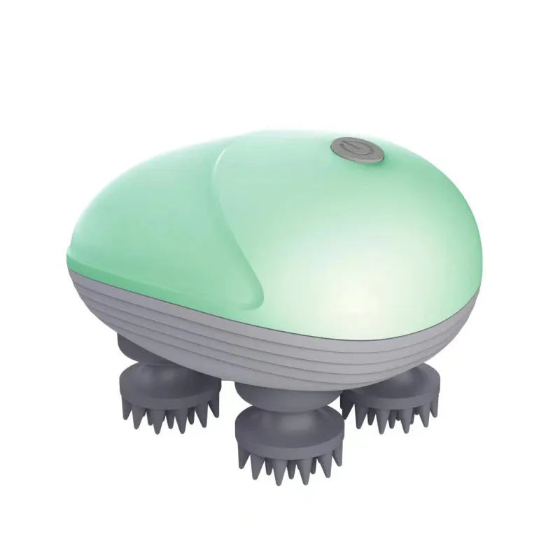 Blue handheld electric pet massager with four rotating silicone heads on a white background.