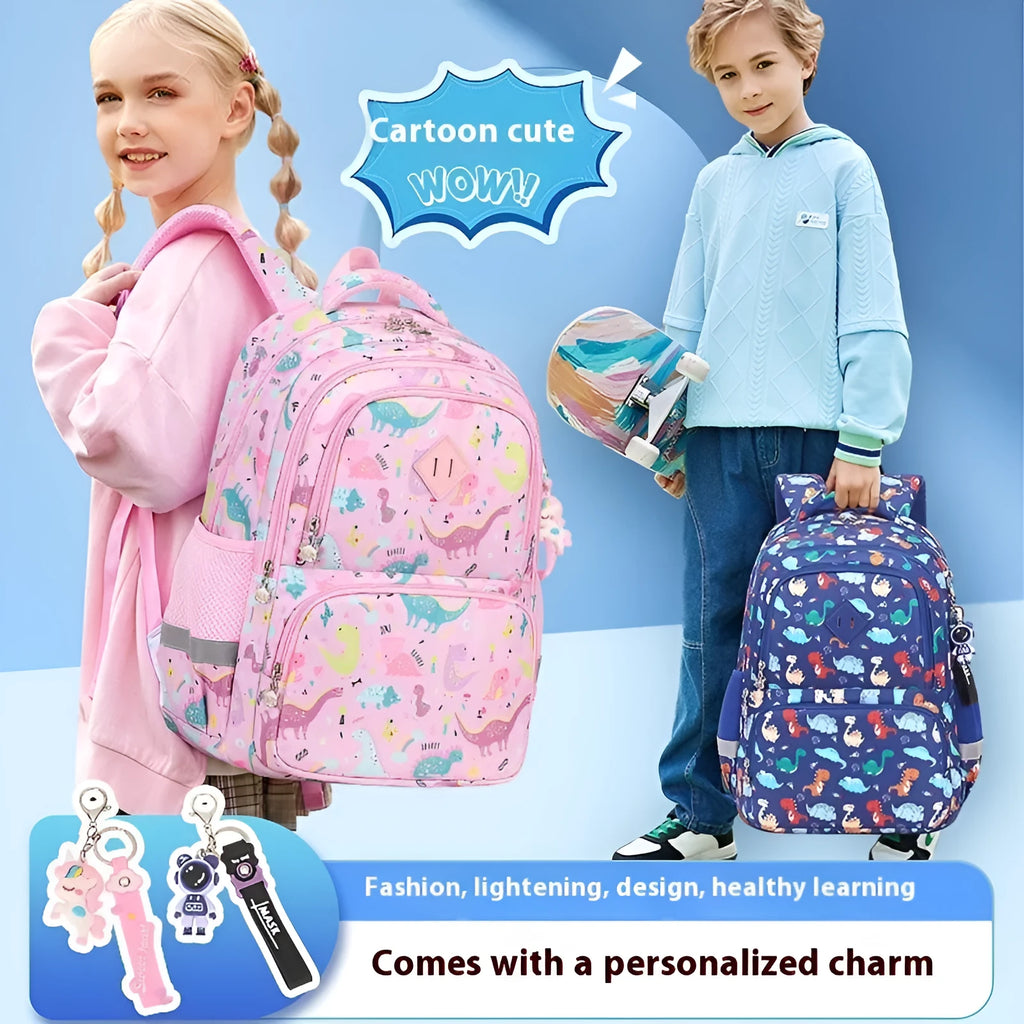 Blue children's school backpack with dinosaur print, showing curved straps and modern design.