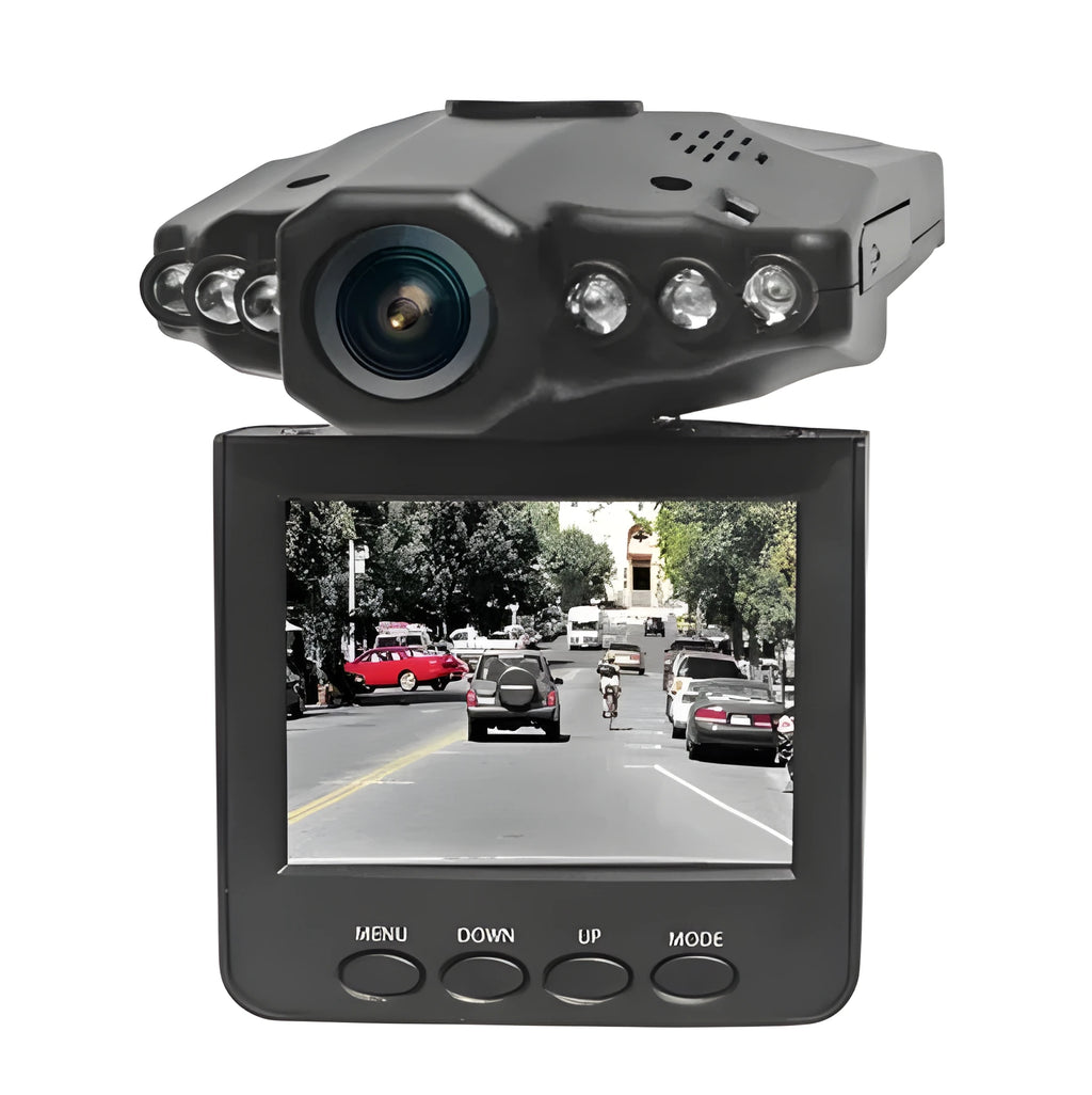 H198 HD car DVR recorder with 2.4-inch screen, infrared lights, and parking monitoring features