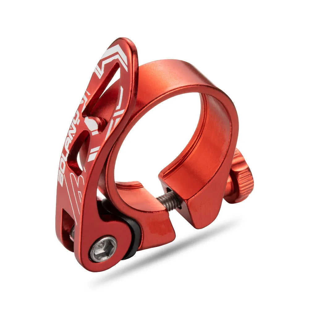 Aluminium mountain bicycle seat post clamp in black, blue, gold, or red, showing 31.8mm and 34.9mm size options.