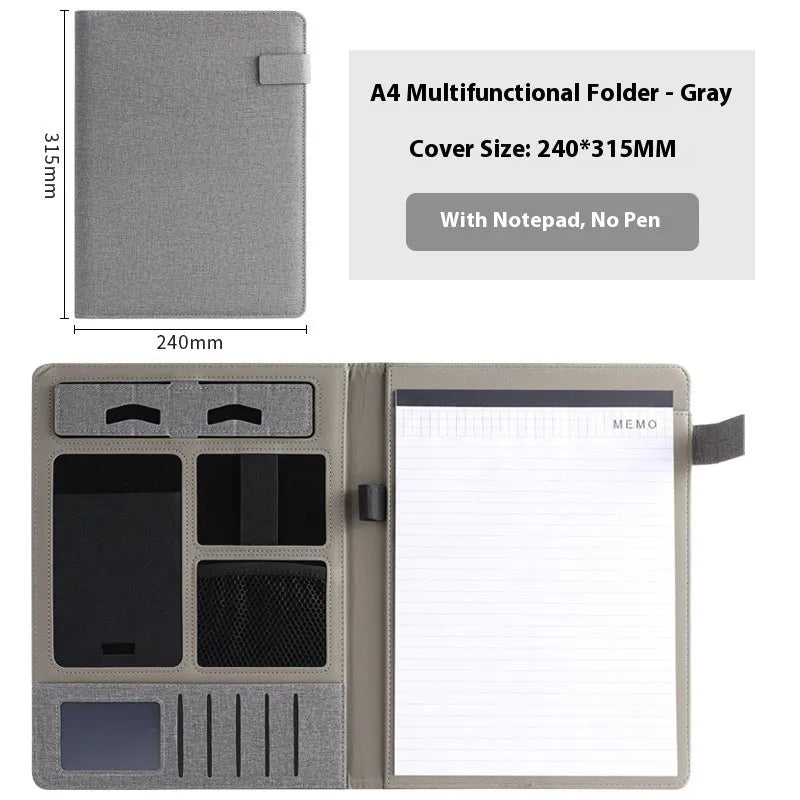 A4 leather business folder in black colour showing document storage and pen holder