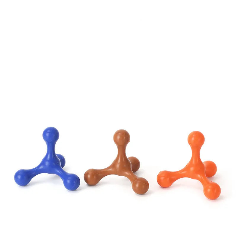 Blue silicone three-legged chew toy for small and medium dogs on a white background.