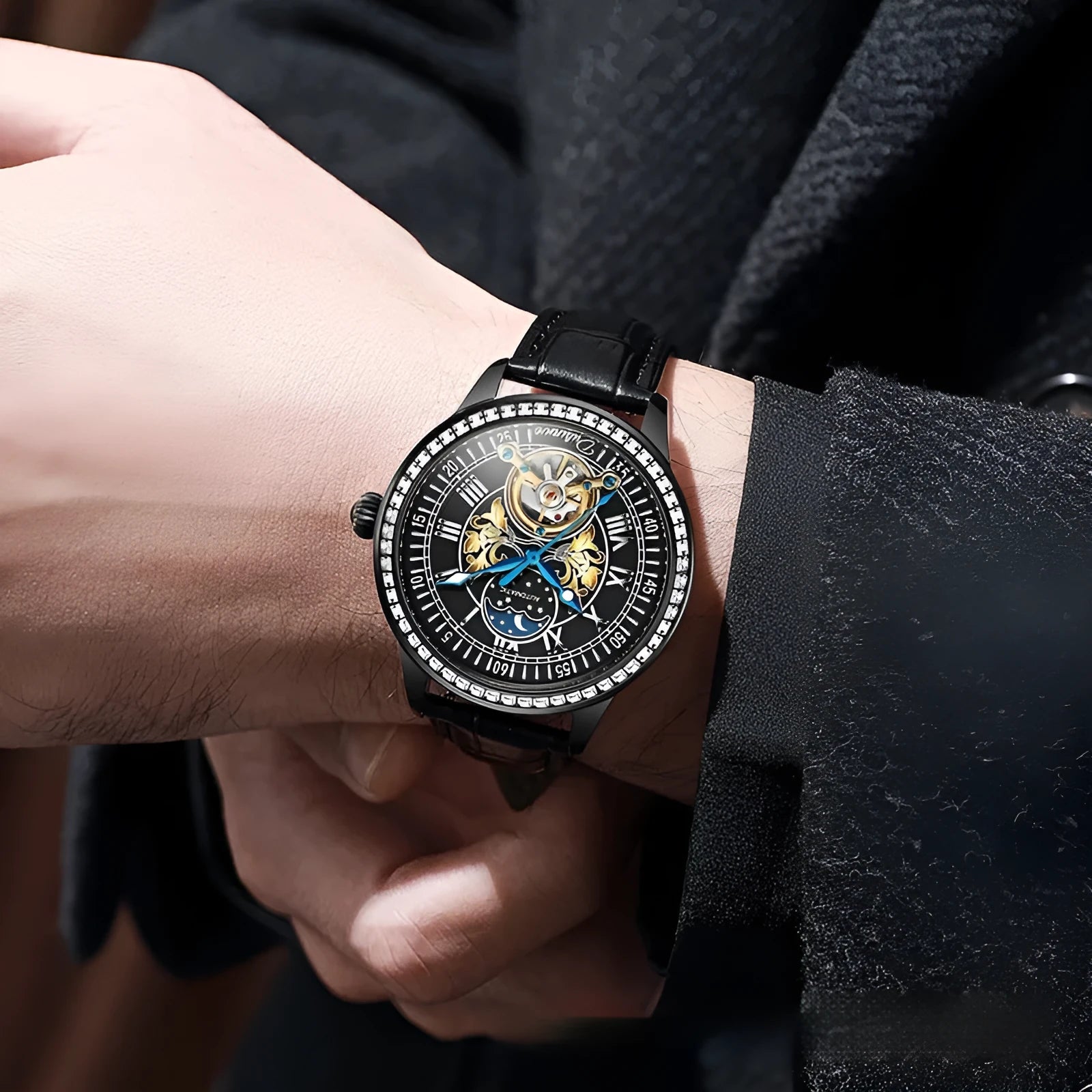 Men's mechanical watch with transparent case back showing movement and stainless steel strap