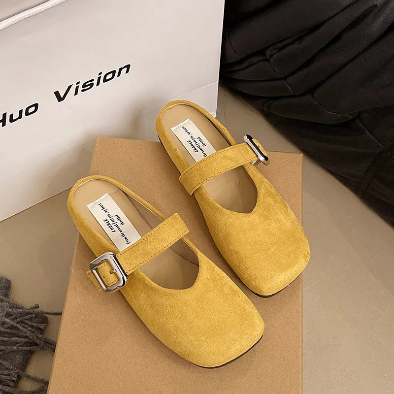 Women's flat PU leather slippers with square toe design in multiple colours