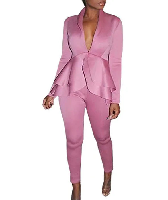 Women's ruffled blouse and pencil trousers business casual pantsuit in eight colour options