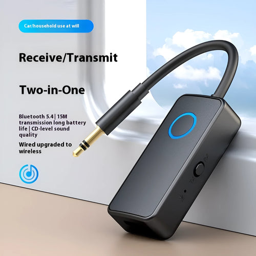 Black Bluetooth 5.4 audio adapter with a 3.5mm plug for wireless car and home stereo connectivity.