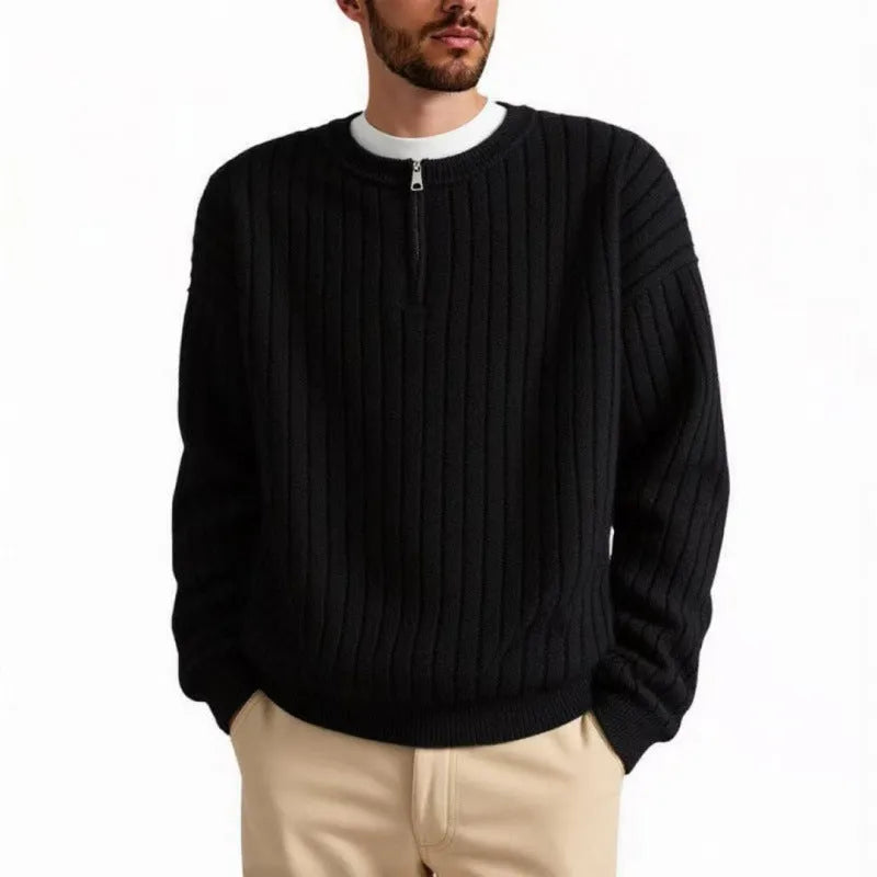 Men's gray half zip pullover sweater with texture knit and loose fit