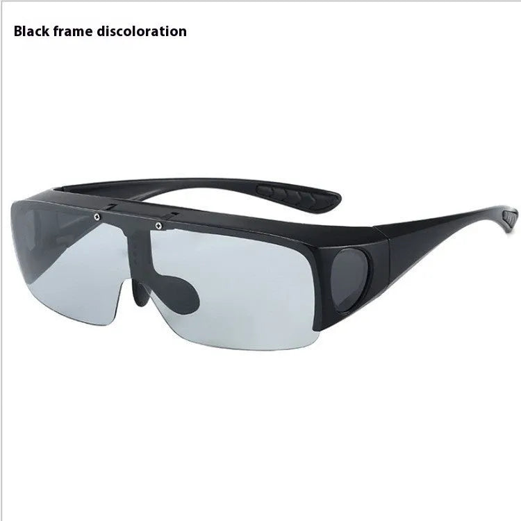 Sporty polarised myopia sunglasses with multiple interchangeable lenses including black, grey, and night vision, on a dark background.
