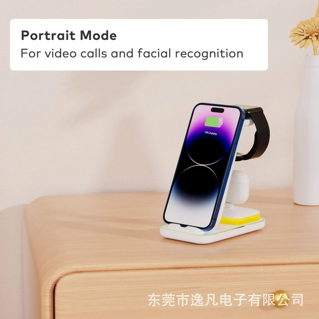 Black vertical wireless charging station for phone, watch and headset with 15W fast charging