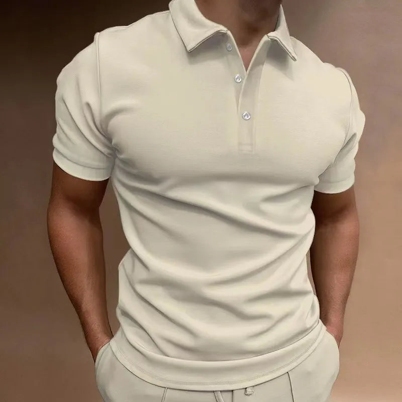 Men's button-up casual T-shirt in cotton blend spandex fabric available in seven colours