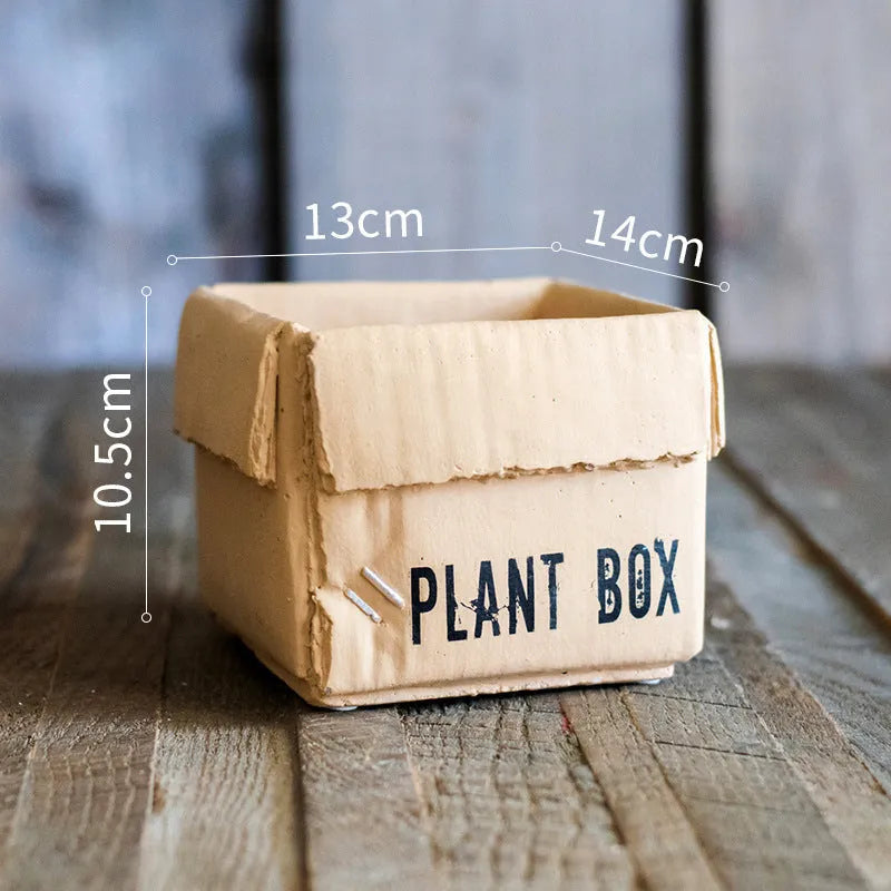 Cement brown paper box style flowerpot with bottom drainage hole for indoor balcony gardening