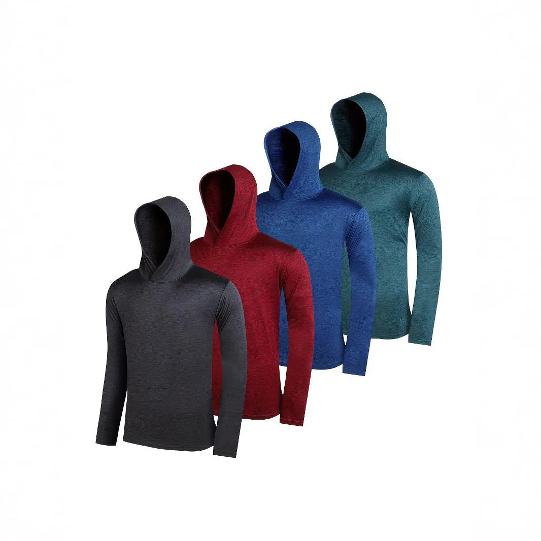 Four men's lightweight hoodies folded, showing elastic polyester fabric and available colour options.