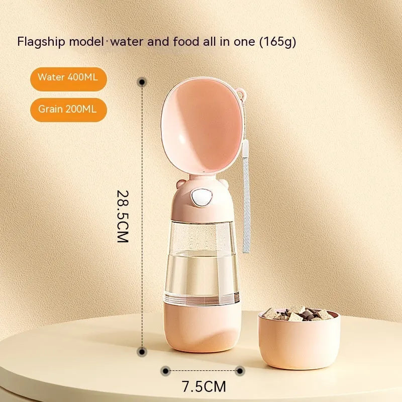 Portable dog water bottle with integrated food container in brown, pink, or yellow colours