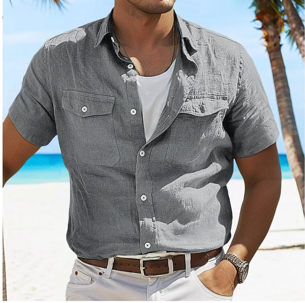 Men's loose fit cotton summer shirt in solid colour with polo collar and long sleeves