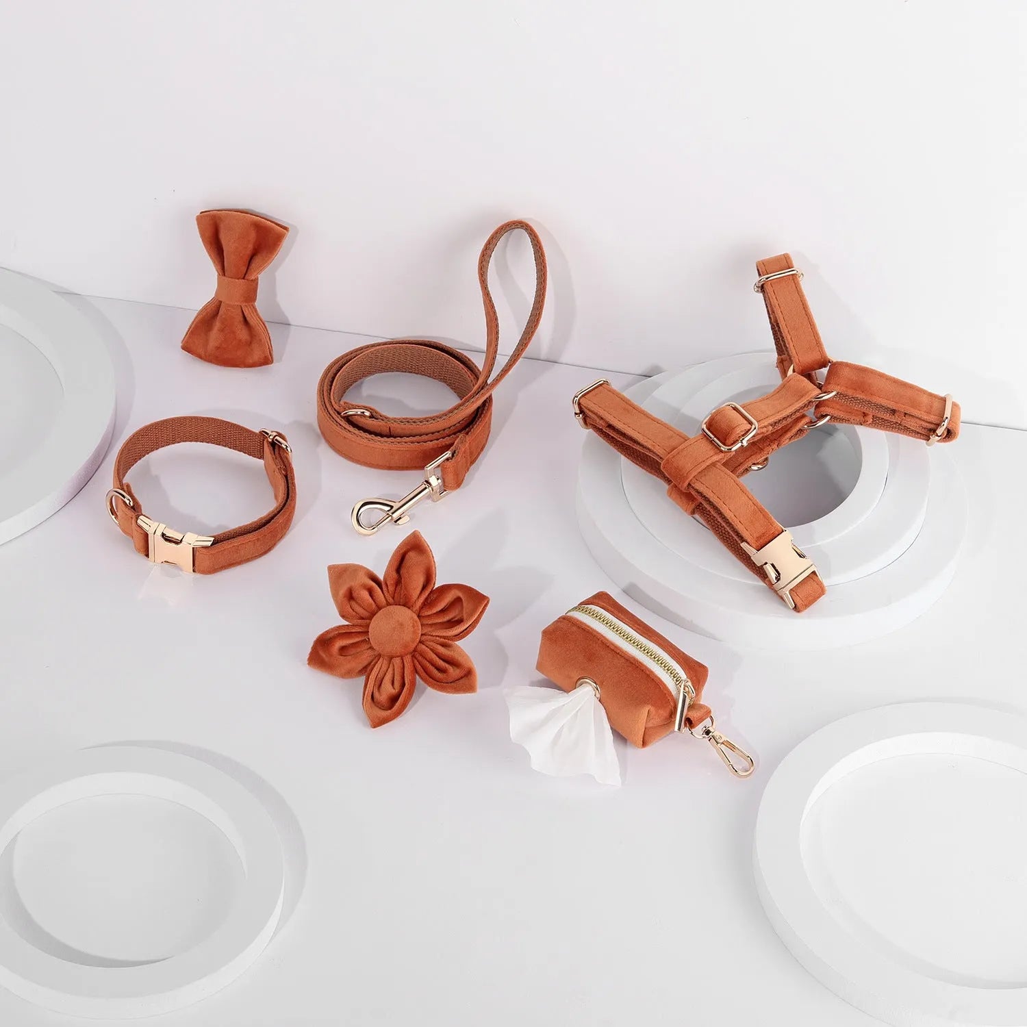 Velvet pet collar and traction rope set with bow tie and flower accessories in multiple colour options