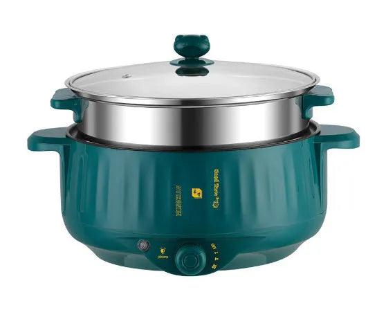 Electric hot pot with non-stick interior and integrated heating element in white or green finish