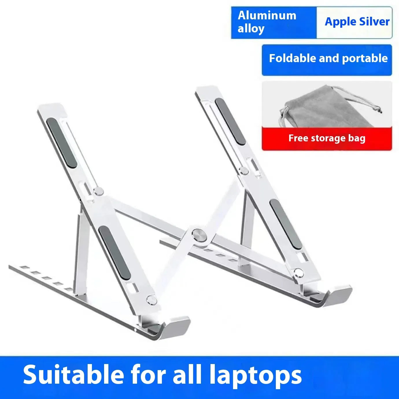 Silver aluminium alloy folding laptop stand holding a laptop at an angle