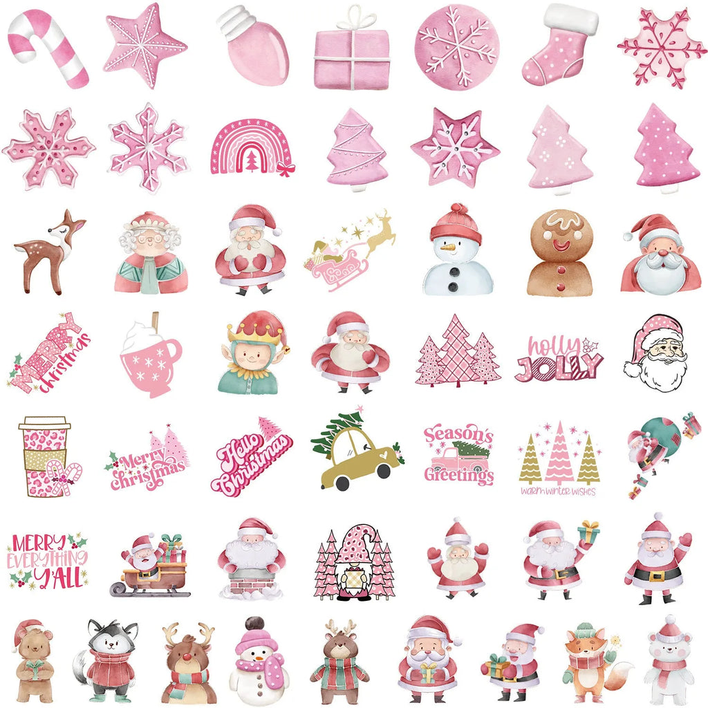 Set of 50 cute Christmas waterproof stickers in sizes from 4cm to 8cm for decoration.
