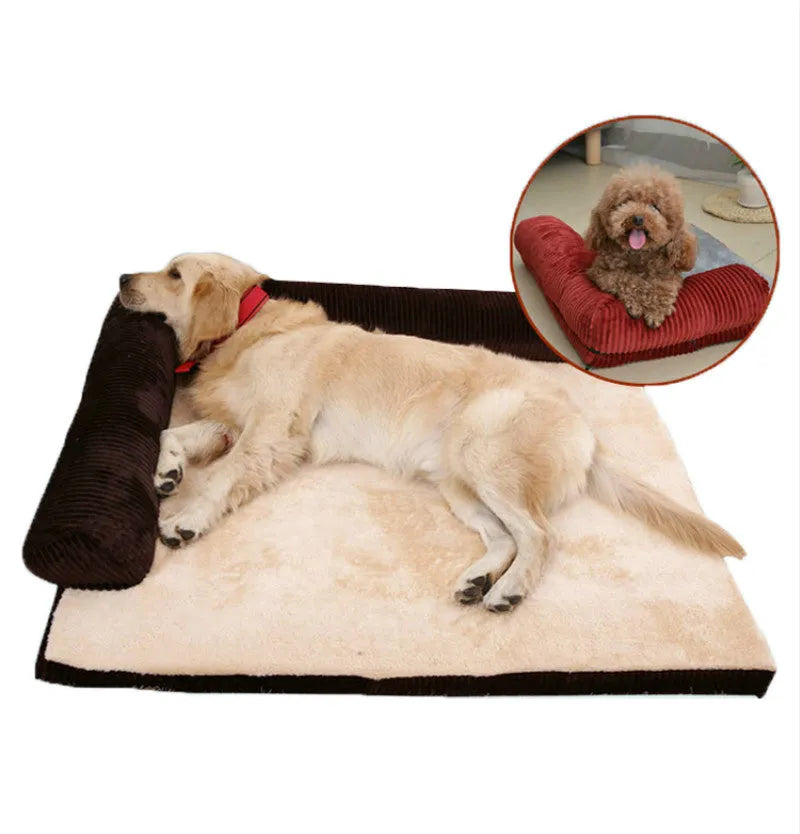 Corduroy fabric pet sofa dog bed in a grey colour, showing raised sides and plush high-density sponge padding.
