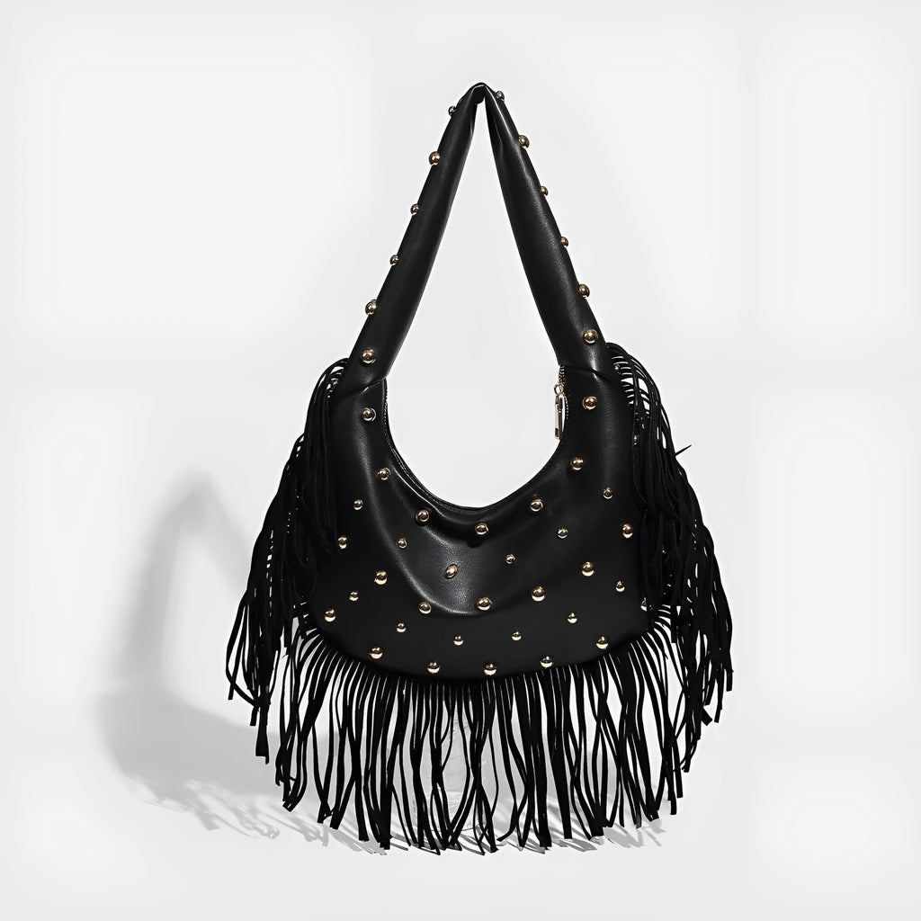 Black retro shoulder handbag with a tassel and an internal mobile phone compartment.