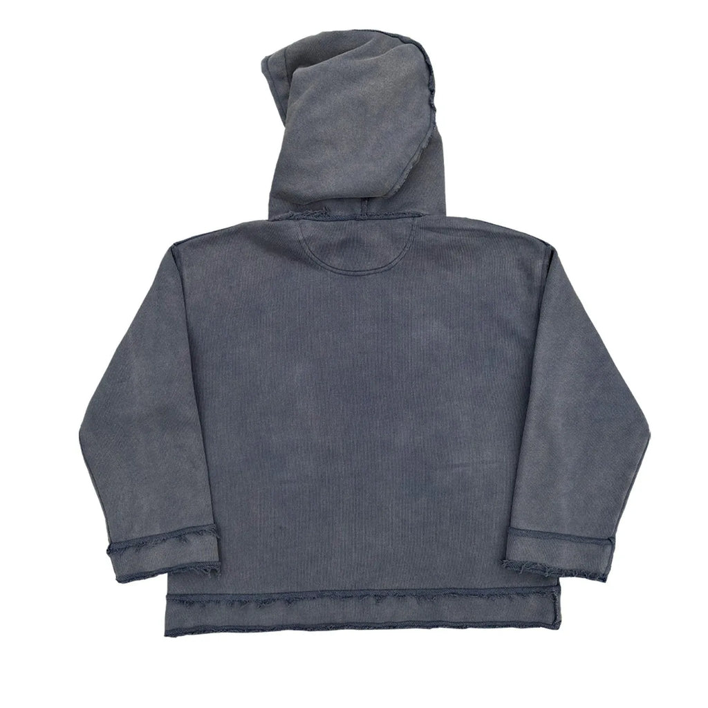 A dark blue zip-front hoodie sweater with a hood, shown on a model.